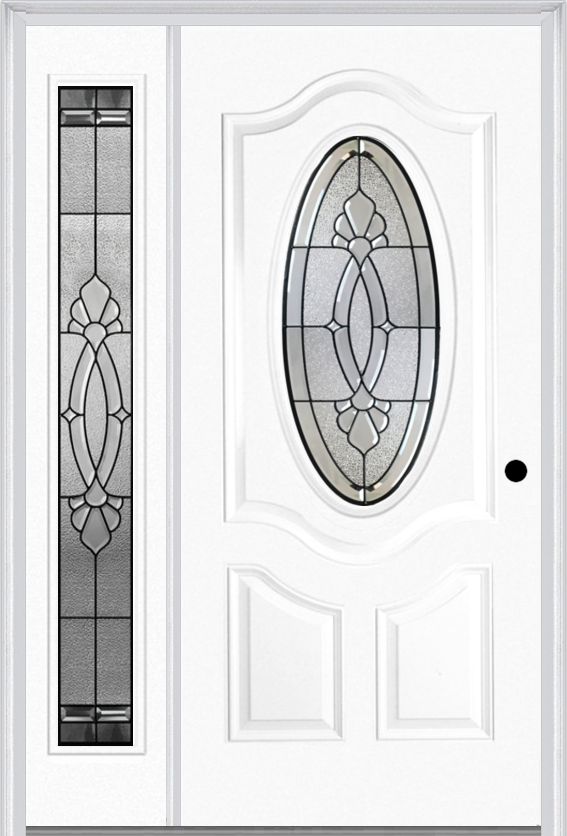 MMI SMALL OVAL 2 PANEL DELUXE 3'0" X 6'8" FIBERGLASS SMOOTH BELAIRE PATINA EXTERIOR PREHUNG DOOR WITH 1 FULL LITE BELAIRE PATINA DECORATIVE GLASS SIDELIGHT 749